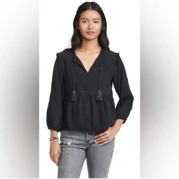 AYR The Dolly Top Double Gauze 100% Cotton Embroidered Tassels Sz S Black - Picture 1 of 5